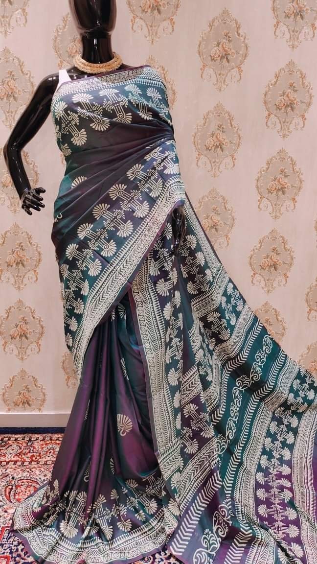 Authentic Bishnupuri Silk Saree Block Print Dual Tone Katan Silk Saree With Silk Mark Silk Saree With Blouse Piece