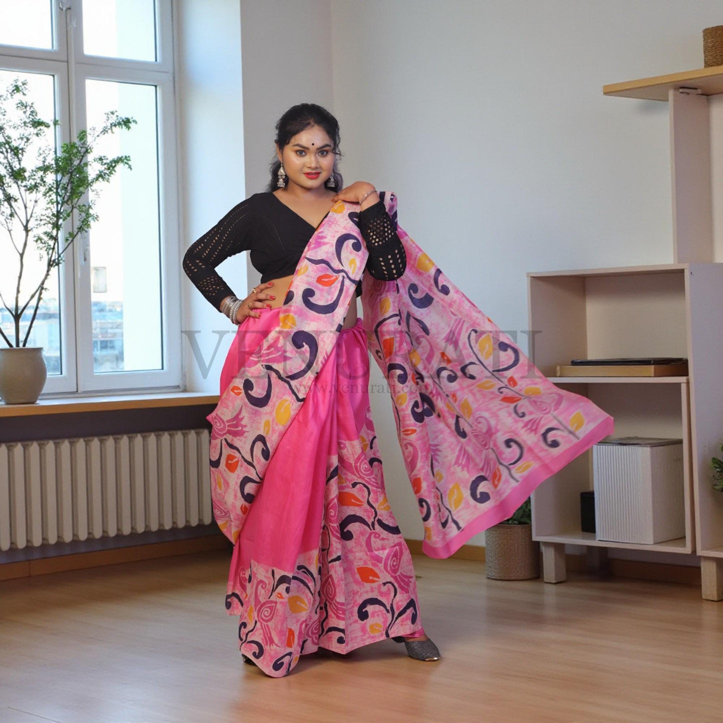 Pure Silk Saree With Blouse Piece, Authentic Murshidabad Silk Saree with Silk mark Tag, Batik Paint Silk Saree, Handmade Silk Sari for Women