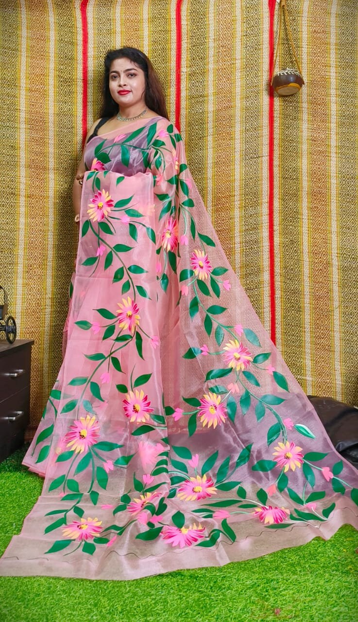 Hand Painted Multicolour Organza Saree, Bollywood Style Party Wear Indian Wedding Saree, Designer Organza Saree, Transparent Saree