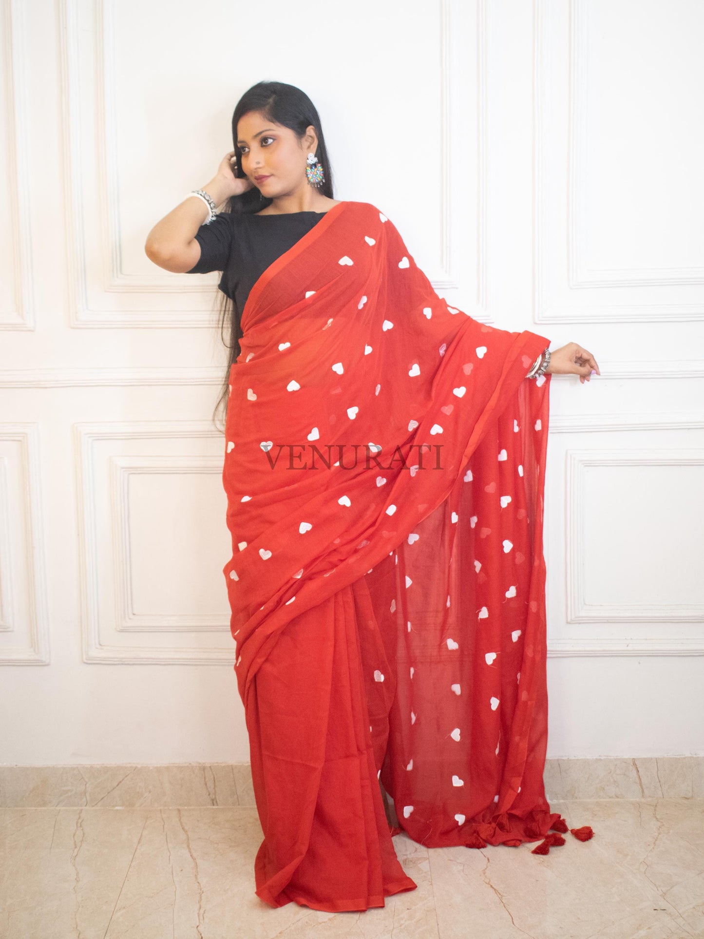 Soft Mulmul Cotton Handloom Saree for All Season, Embroidered Cotton Saree with Pompom, Red Cotton Saree, Gift for Durga Puja Diwali