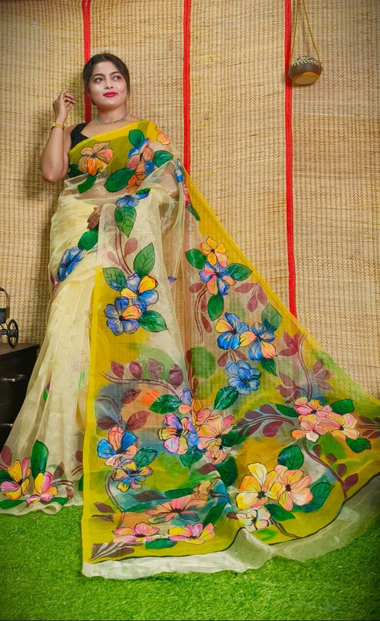 Hand Painted Multicolour Organza Saree, Bollywood Style Party Wear Indian Wedding Saree, Designer Organza Saree, Transparent Saree