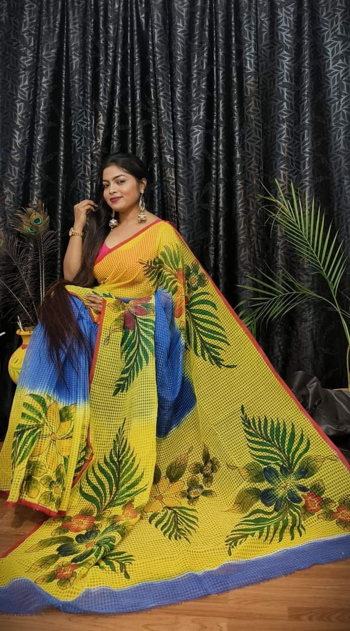 Bengal's Hand Painted Resham Kota Saree for Women's, Full Body Floral Painted Resham Kota Doriya Saree, Designer Bollywood Saree by VENURATI