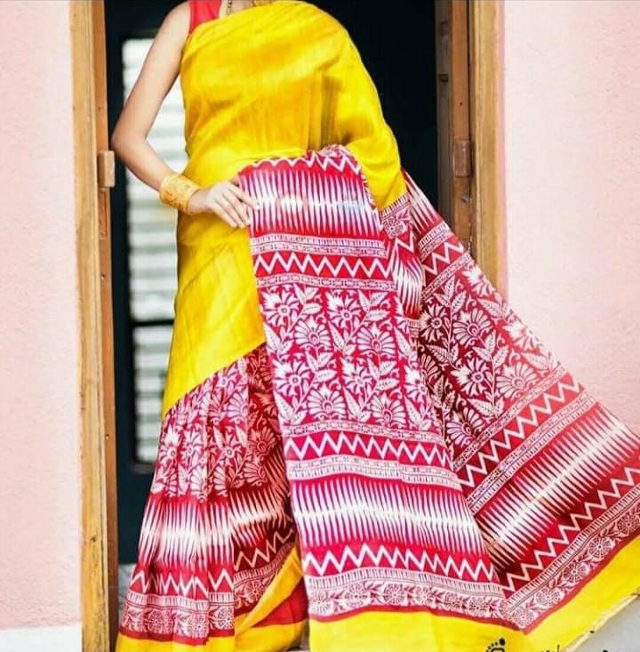 Authentic Murshidabad Silk Saree Designer Block Print Pure Handloom Soft Murshidabadi Silk Sari With Blouse Piece | Gift For Durga Puja