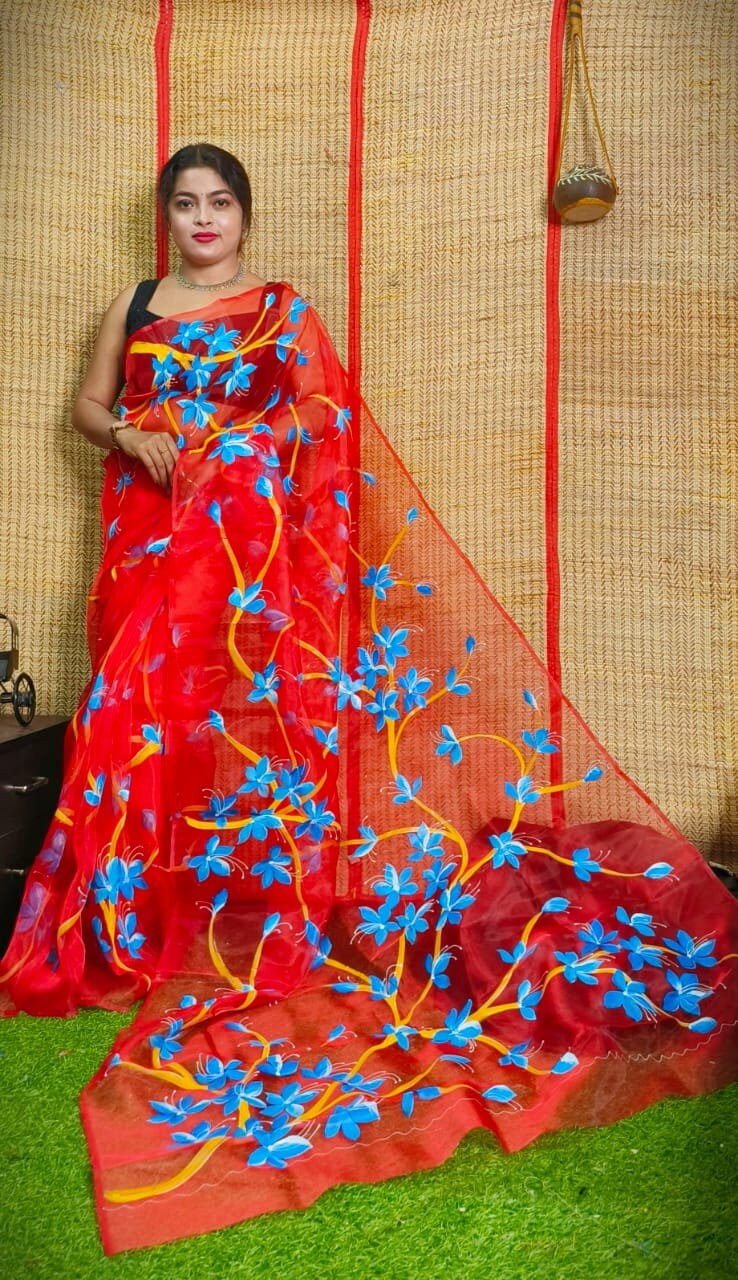 Hand Painted Multicolour Organza Saree, Bollywood Style Party Wear Indian Wedding Saree, Designer Organza Saree, Transparent Saree