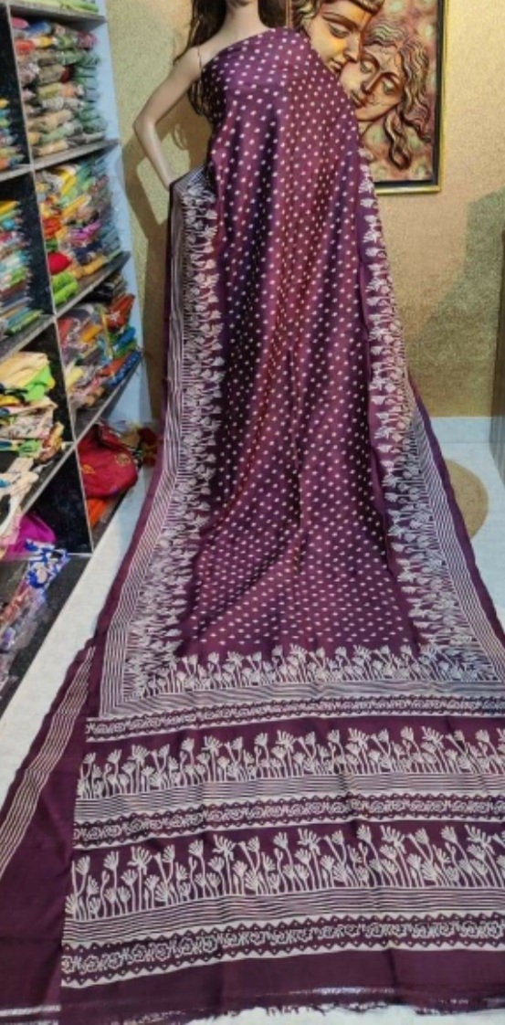 Authentic Murshidabad Silk Saree Designer Block Print Pure Handloom Soft Murshidabadi Silk Sari With Blouse Piece | Lal Par Sada Saree