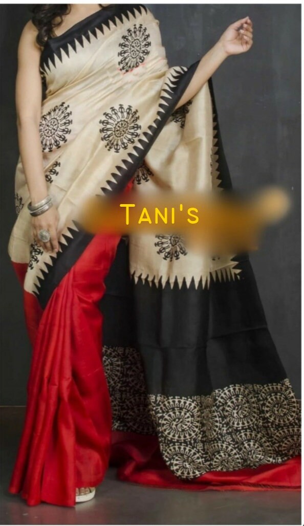Authentic Murshidabad Silk Saree Designer Block Print Pure Handloom Soft Murshidabadi Silk Sari With Blouse Piece | Gift For Durga Puja