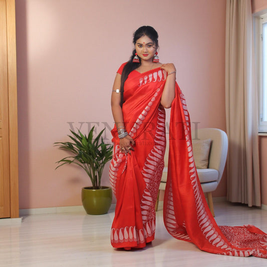 Pure Silk Saree With Blouse Piece, Authentic Murshidabad Silk Saree with Silk mark Tag, Batik Paint Silk Saree, Handmade Silk Sari for Women