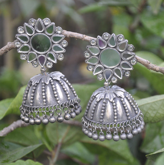 Black Polish Earring With Mirror Stud | Earring For Saree | Oxidized Silver Jewelry for Women's | Mothers Day Gift | Jewellery for Saree