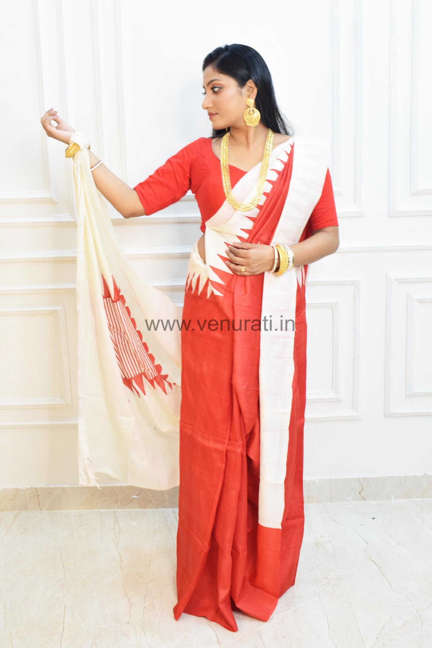 Authentic Silk Saree with Silkmark, Red White Silk Saree, Murshidabad Silk Sari, Block Printed Pure Silk Saree in Red and white Combination
