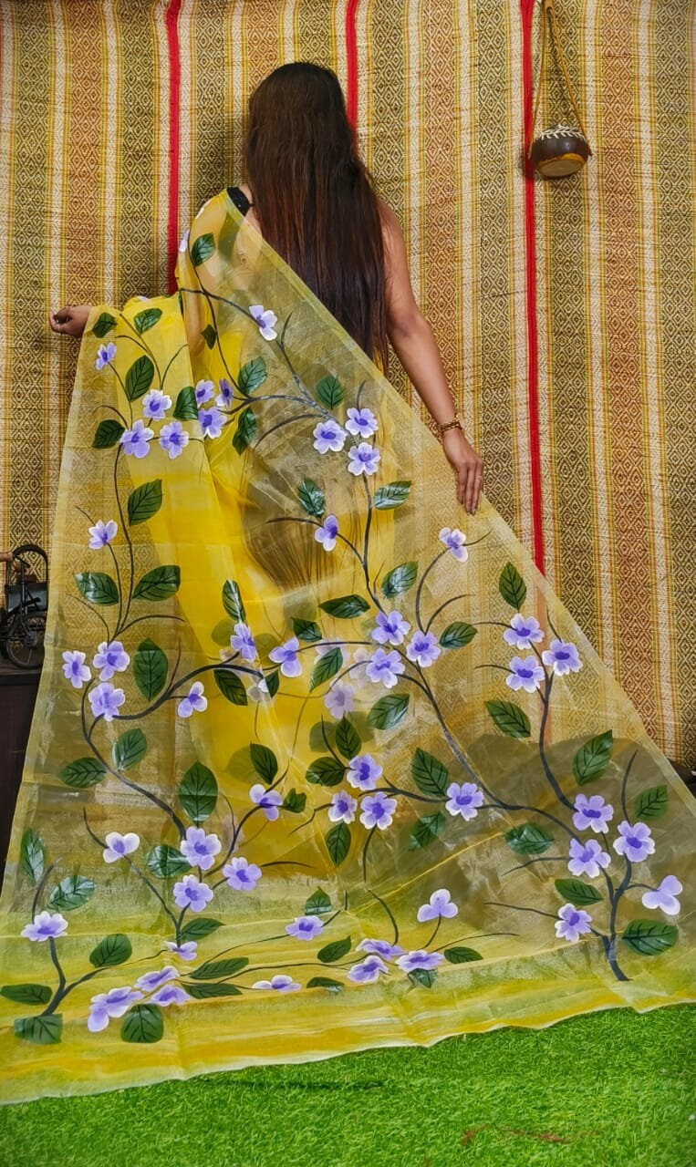 Hand Painted Organza Saree Bollywood Saree Party Wear Saree Indian Wedding Saree, Designer Organza Saree, Transparent Saree