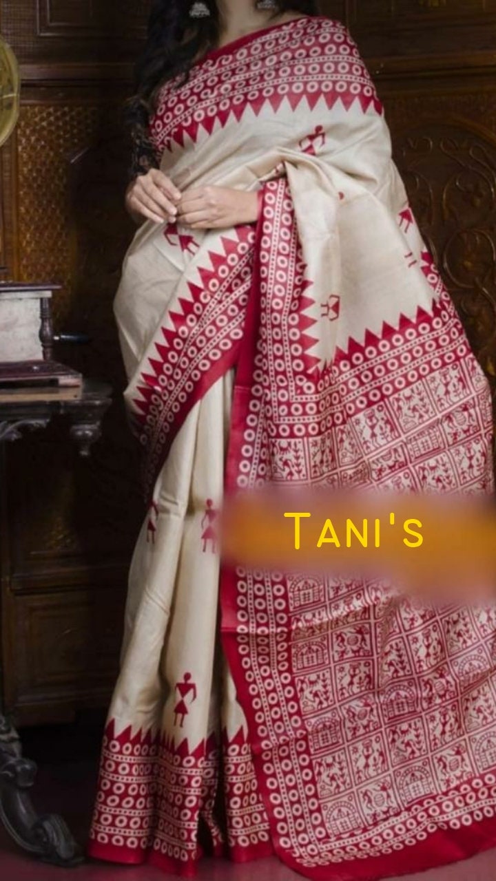 Authentic Murshidabad Silk Saree Designer Block Print Pure Handloom Soft Murshidabadi Silk Sari With Blouse Piece | Gift For Durga Puja