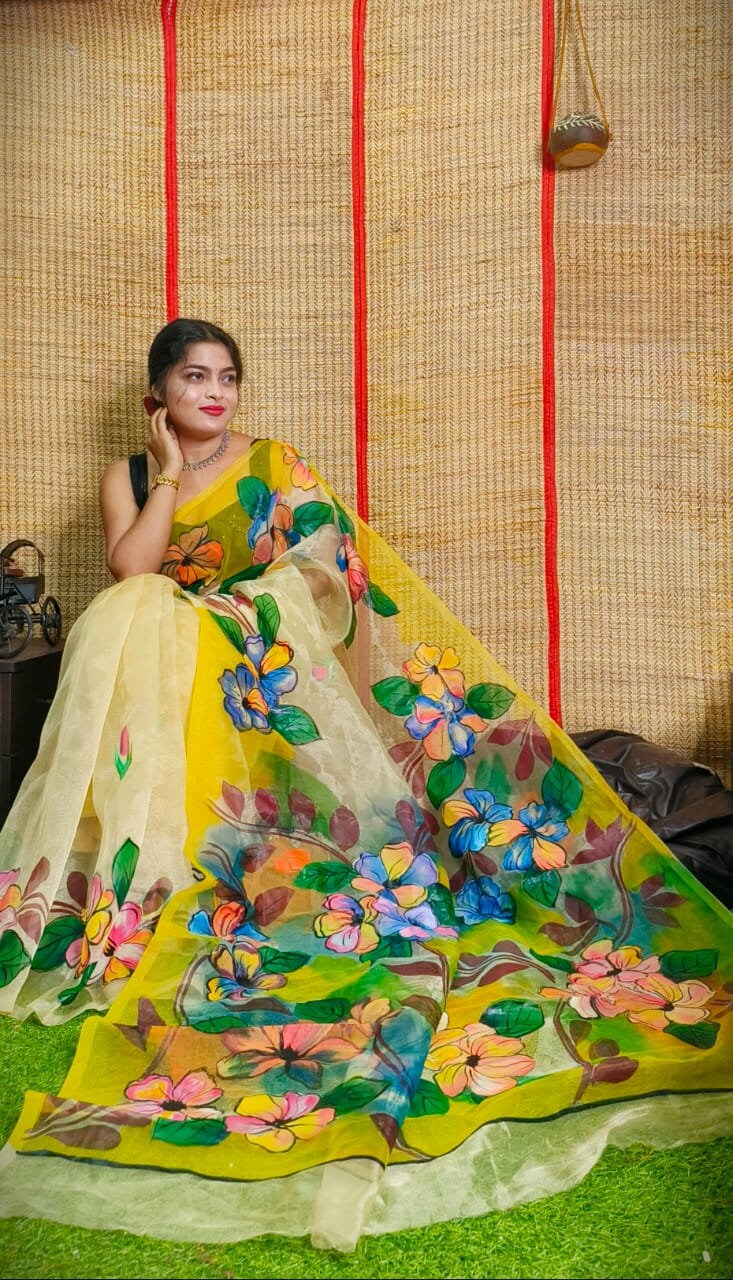 Hand Painted Multicolour Organza Saree, Bollywood Style Party Wear Indian Wedding Saree, Designer Organza Saree, Transparent Saree