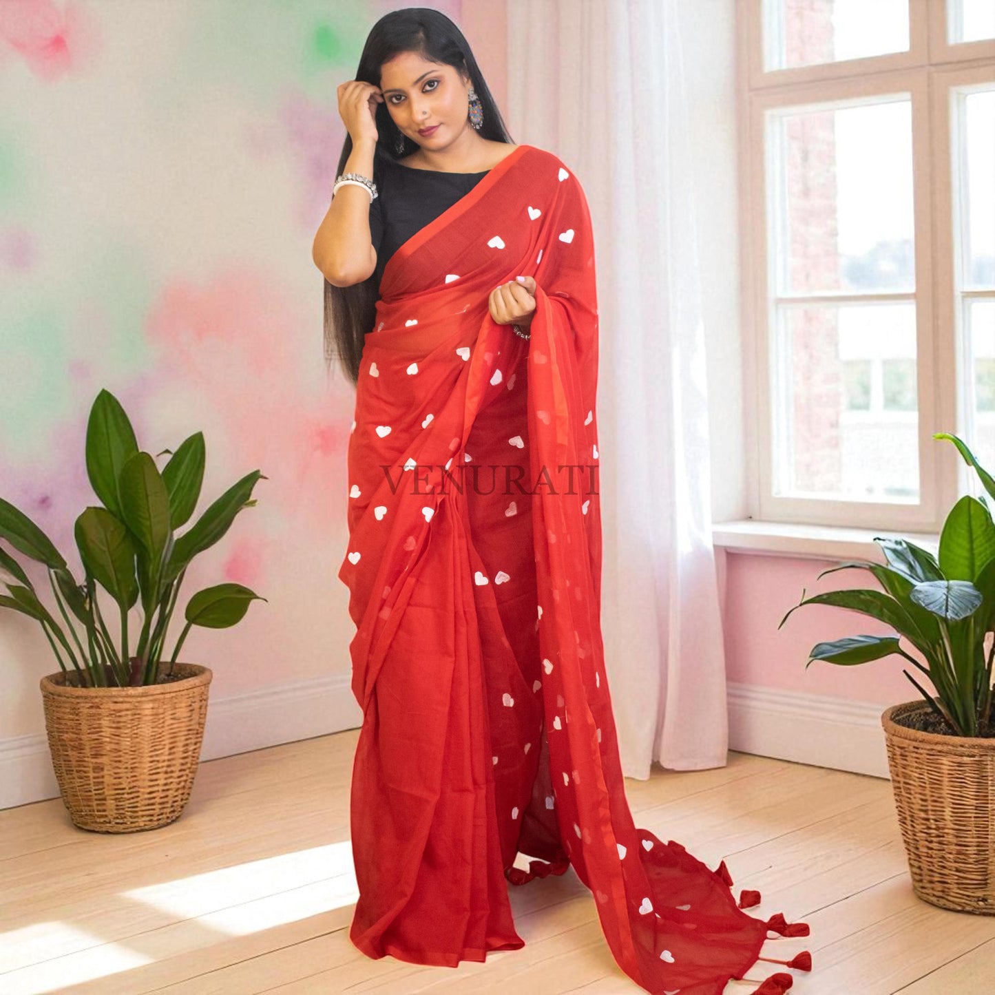 Soft Mulmul Cotton Handloom Saree for All Season, Embroidered Cotton Saree with Pompom, Red Cotton Saree, Gift for Durga Puja Diwali
