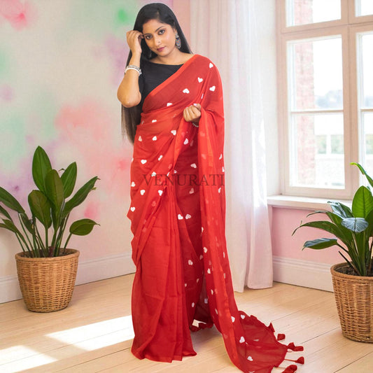 Soft Mulmul Cotton Handloom Saree for All Season, Embroidered Cotton Saree with Pompom, Red Cotton Saree, Gift for Durga Puja Diwali
