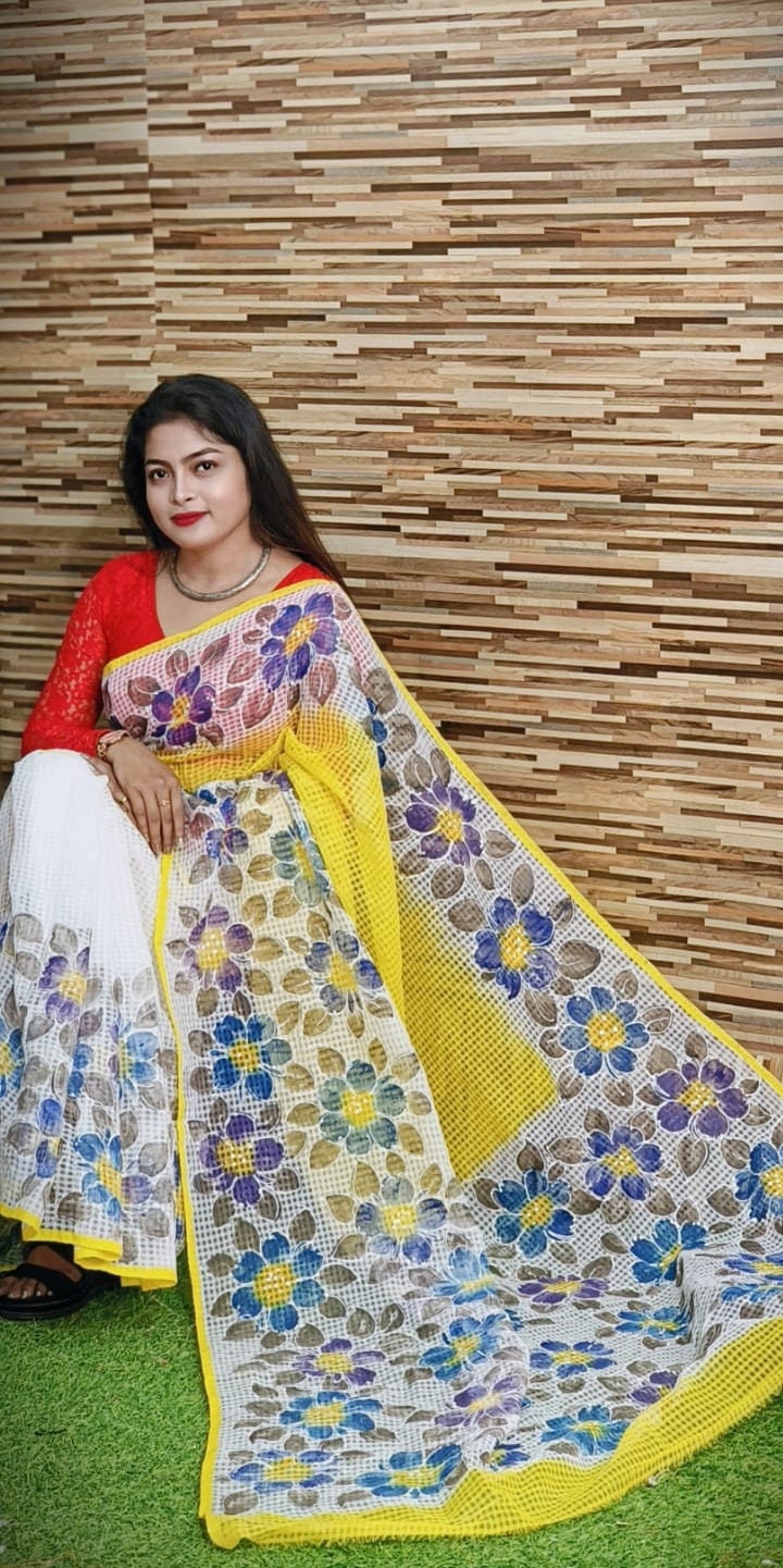 Bengal's Hand Painted Resham Kota Saree for Women's, Full Body Floral Painted Resham Kota Doriya Saree, Designer Bollywood Saree by VENURATI