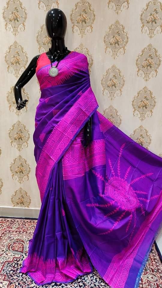 Authentic Bishnupuri Silk Saree Block Print Dual Tone Katan Silk Saree With Silk Mark Silk Saree With Blouse Piece