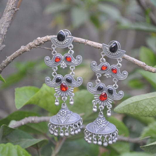 Silver Cherry - Ethnic Black Polish Jhumka Earrings , Red and Black Stone Earring for Womens | Gift for Women | Mothers Day Gift