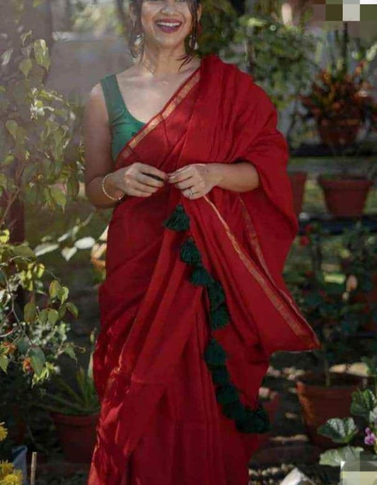 Molmol cotton handloom saree With Zari Border and beautiful Pompom Simple Cotton Sari Gift for Durga puja Diwali