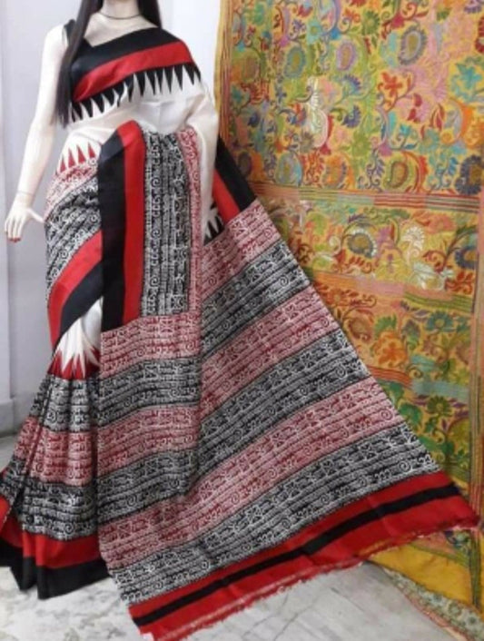 Authentic Murshidabad Silk Saree Designer Block Print Pure Handloom Soft Murshidabadi Silk Sari With Blouse Piece | Gift For Anniversary