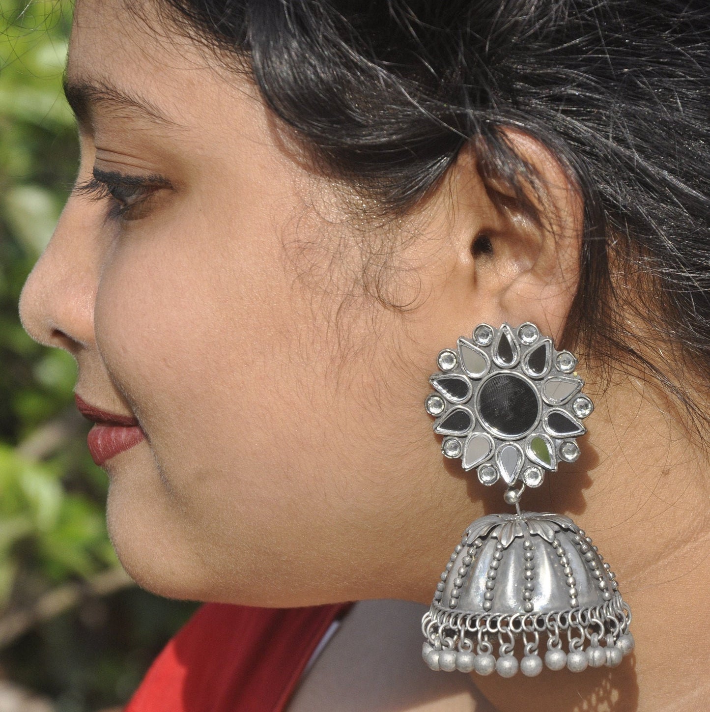 Black Polish Earring With Mirror Stud | Earring For Saree | Oxidized Silver Jewelry for Women's | Mothers Day Gift | Jewellery for Saree