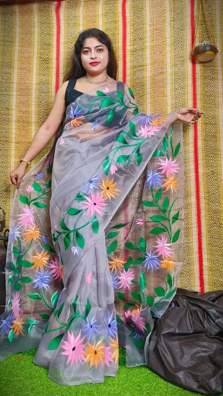 Hand Painted Multicolour Organza Saree, Bollywood Style Party Wear Indian Wedding Saree, Designer Organza Saree, Transparent Saree
