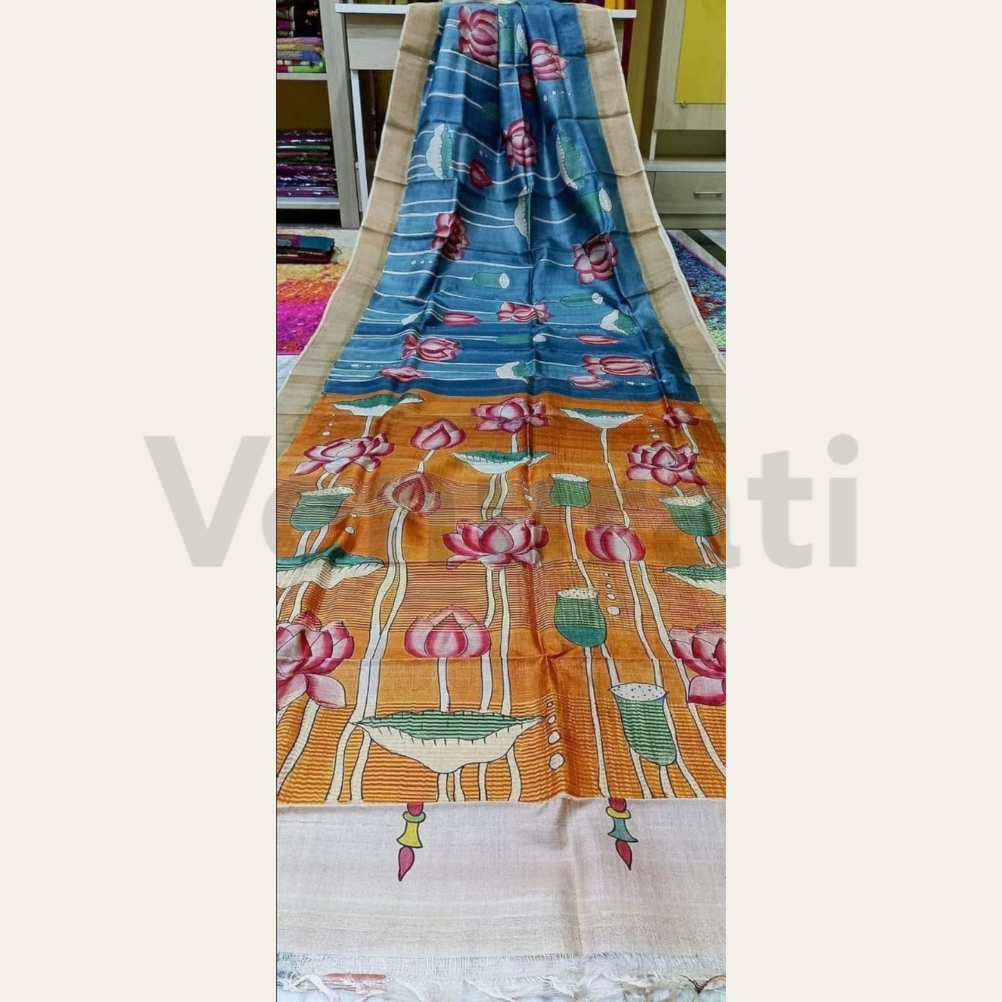 Hand-Painted Jari Tussar Kalamkari Saree, Pure Silk Saree with Silkmark