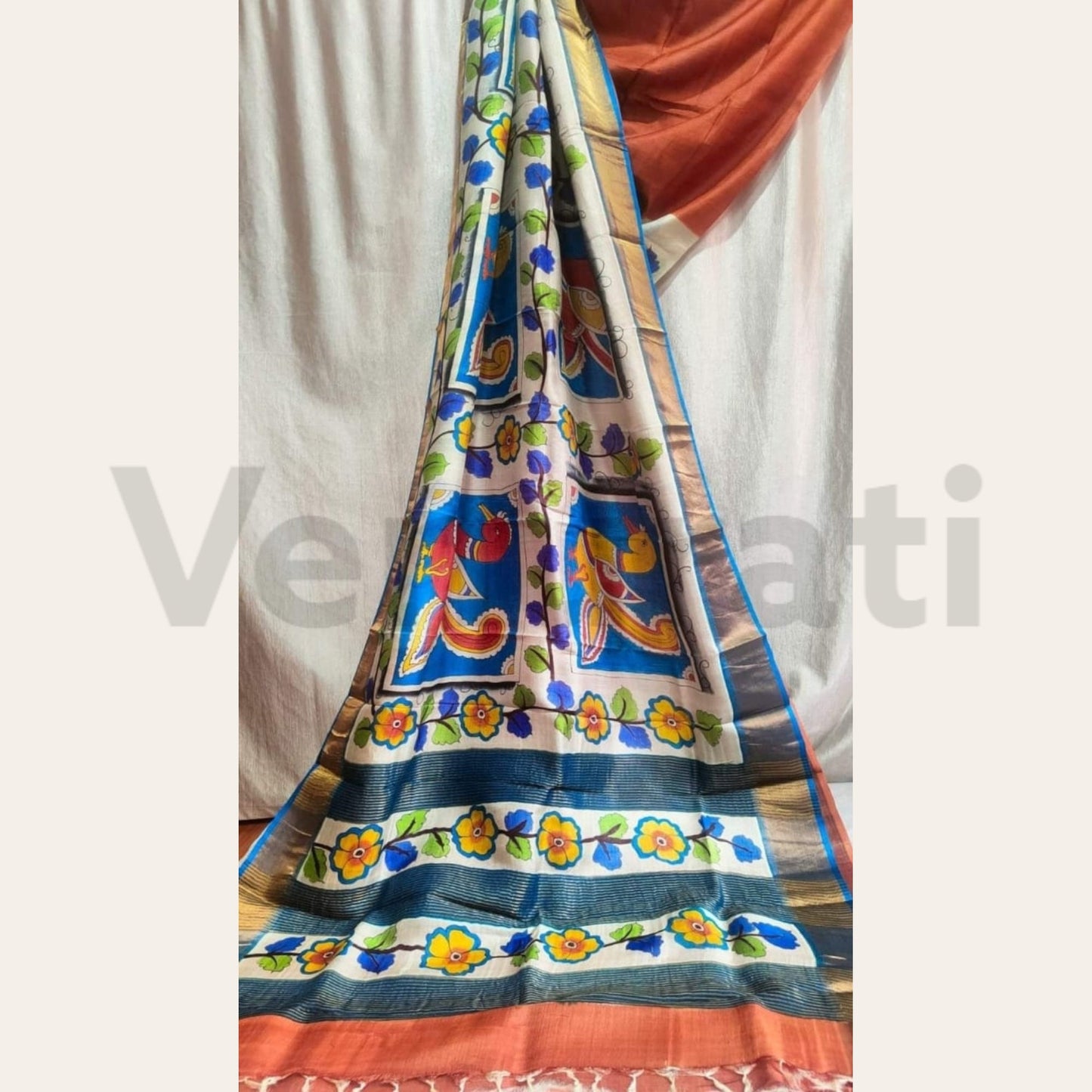 Pure Silk Saree with Silk Mark, Hand Painted Jari Tussar Kalamkari Saree, Authentic Tussar Silk Saree, Gift for Diwali, Christmas, Birthday