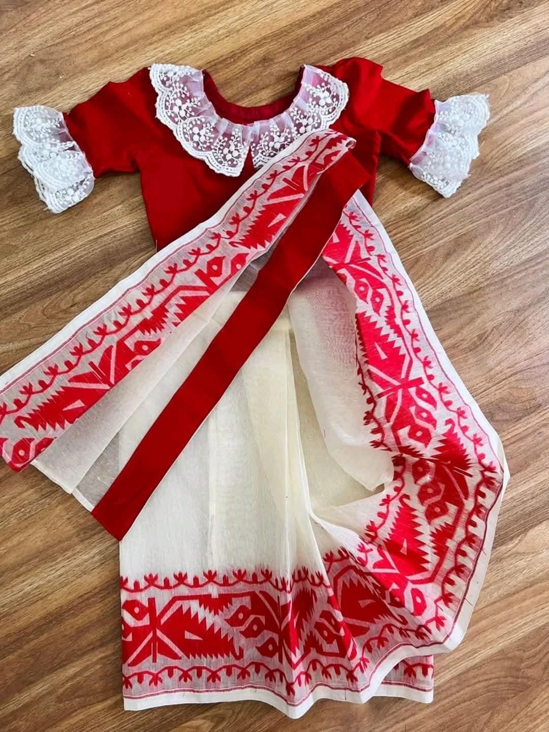 Traditional Ethnic Bengali Saree For Baby Girls, Ready Saree and Blouse for Kids, Pure Cotton Saree for Baby Girls, Ready to Wear Saree