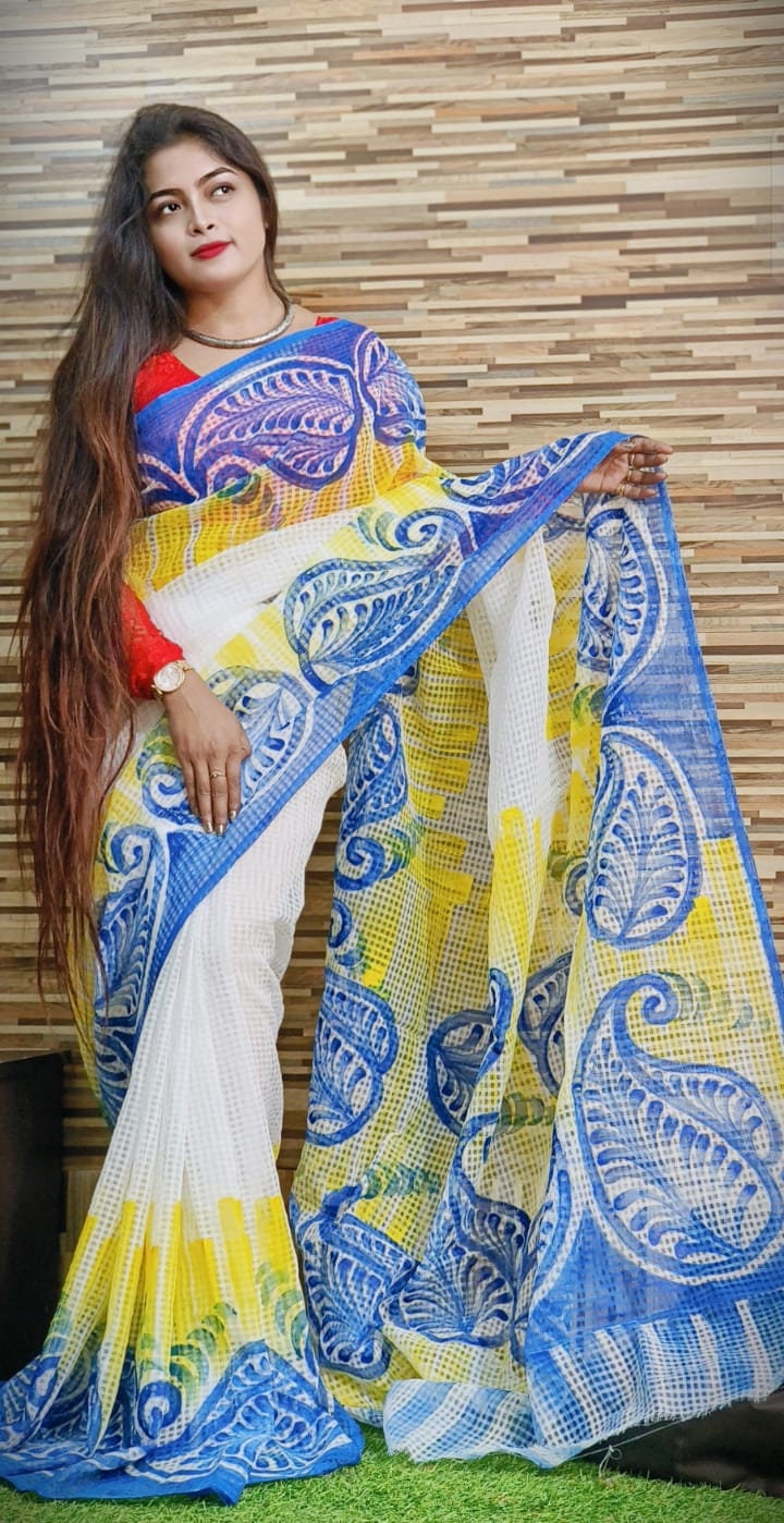 Bengal's Hand Painted Resham Kota Saree for Women's, Full Body Floral Painted Resham Kota Doriya Saree, Designer Bollywood Saree by VENURATI