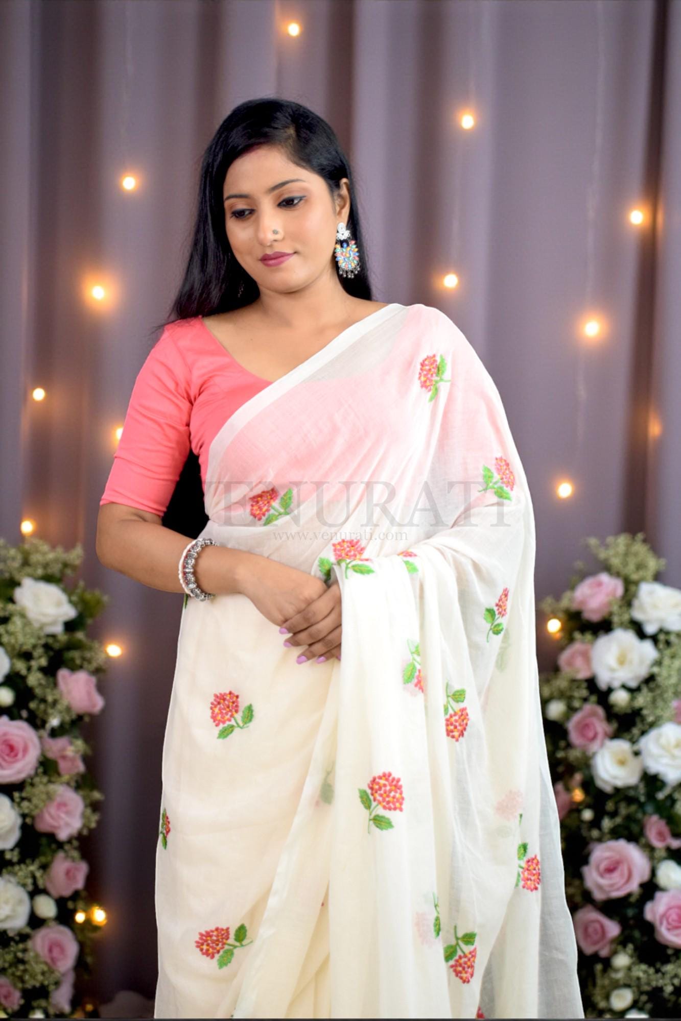 Soft Mulmul Cotton Handloom Saree for All Season, Embroidered Cotton Saree with Pompom, Off-White Cotton Saree, Gift for Durga Puja Diwali