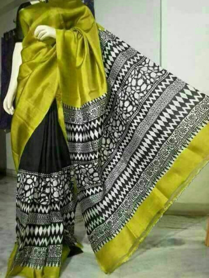 Authentic Murshidabad Silk Saree Designer Block Print Pure Handloom Soft Murshidabadi Silk Sari With Blouse Piece | Gift For Durga Puja