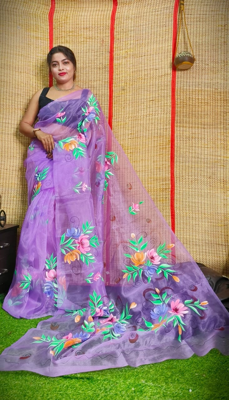 Hand Painted Multicolour Organza Saree, Bollywood Style Party Wear Indian Wedding Saree, Designer Organza Saree, Transparent Saree