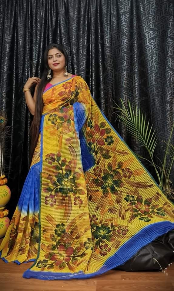 Bengal's Hand Painted Resham Kota Saree for Women's, Full Body Floral Painted Resham Kota Doriya Saree, Designer Bollywood Saree by VENURATI