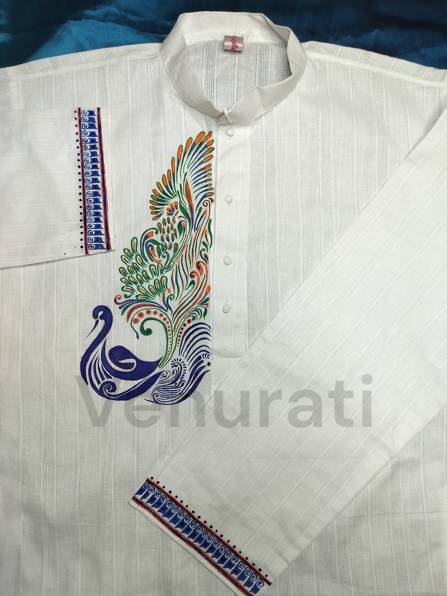 Hand painted Pure Cotton Kurta for Men's, Indian Style Men's Kurta, Handpaint Punjabi for Mens, Anniversary Gift