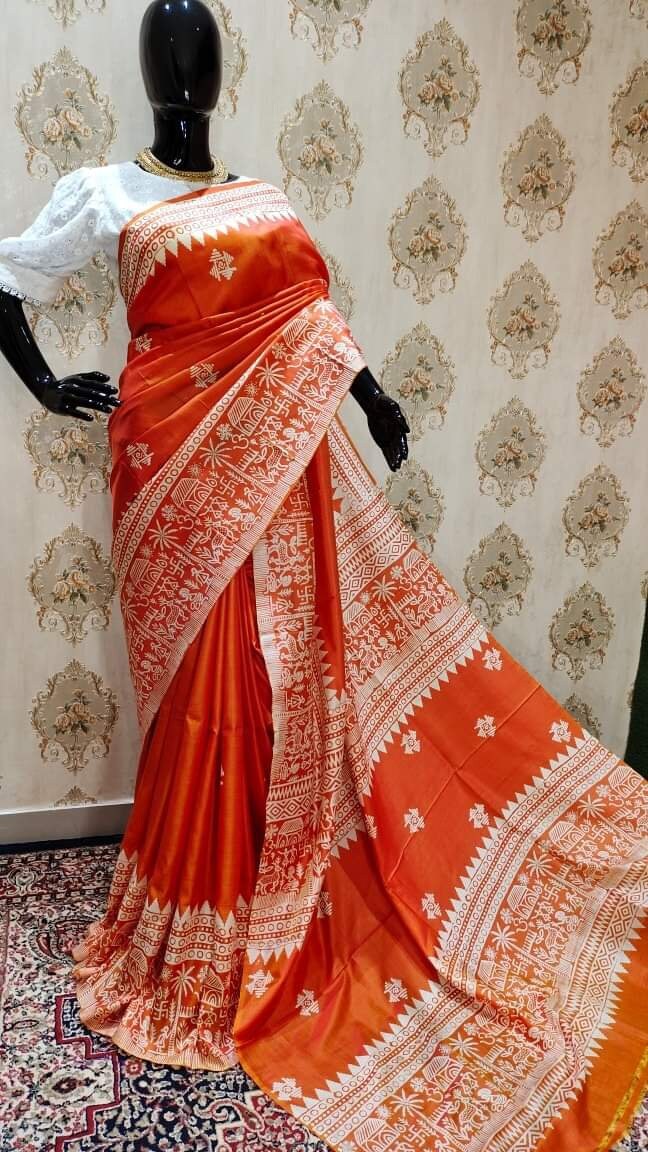Authentic Bishnupuri Silk Saree Block Print Dual Tone Katan Silk Saree With Silk Mark Silk Saree With Blouse Piece
