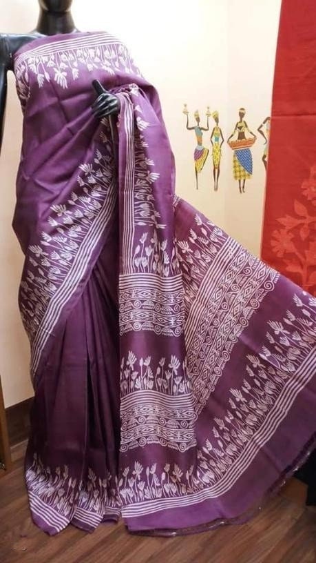 Authentic Murshidabad Silk Saree Designer Block Print Pure Handloom Soft Murshidabadi Silk Sari With Blouse Piece | Lal Par Sada Saree
