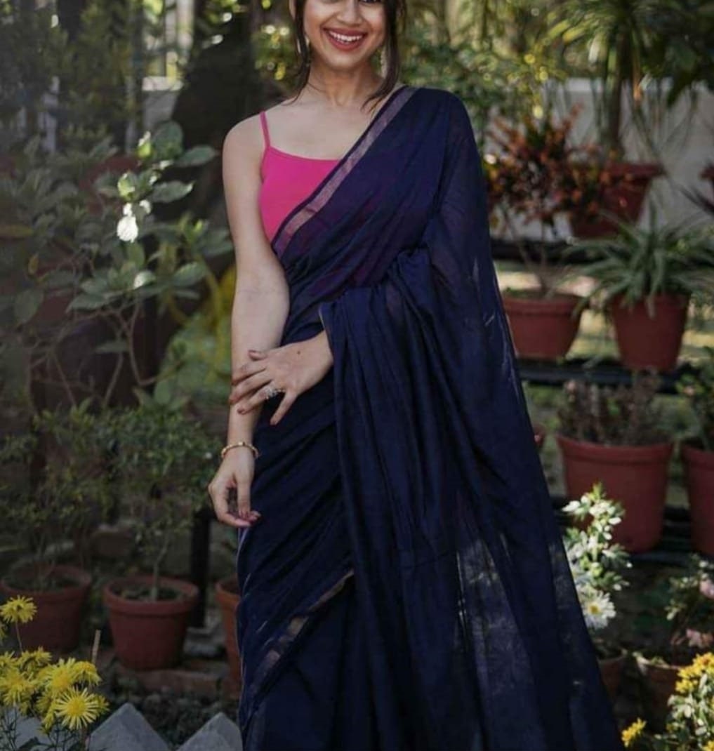 Molmol cotton handloom saree With Zari Border and beautiful Pompom Simple Cotton Sari Gift for Durga puja Diwali