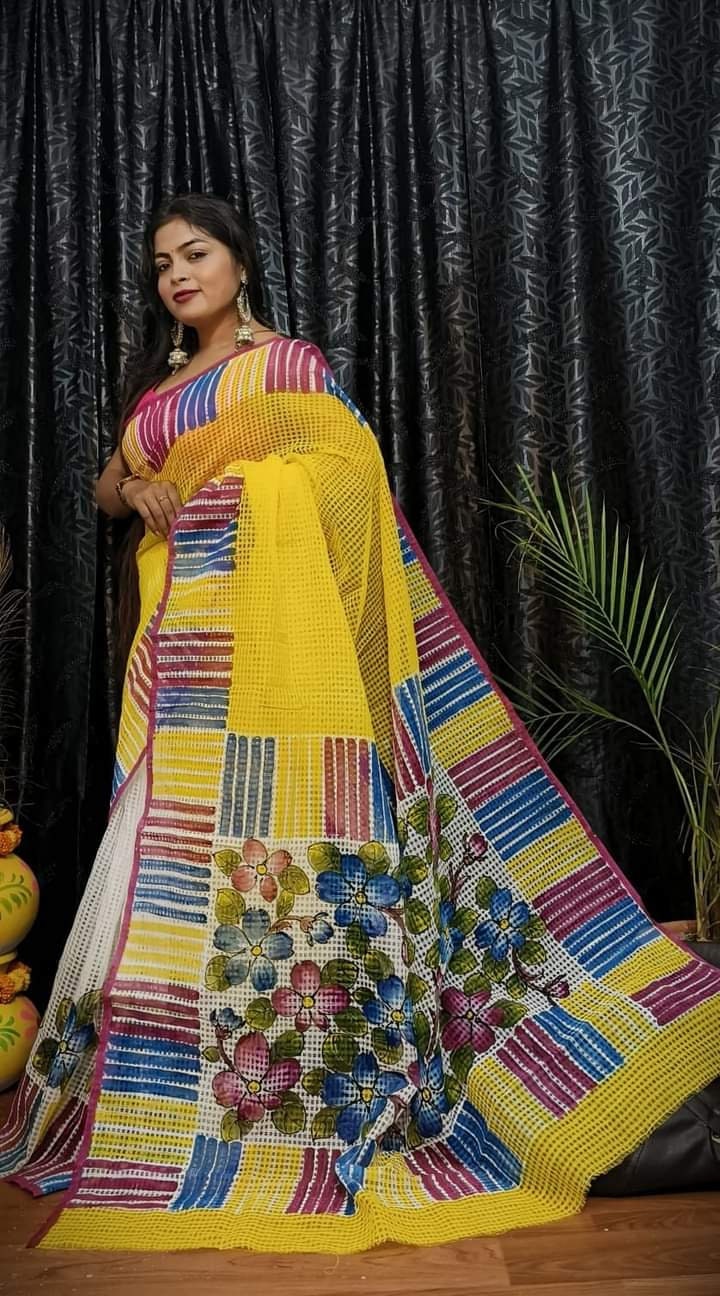 Bengal's Hand Painted Resham Kota Saree for Women's, Full Body Floral Painted Resham Kota Doriya Saree, Designer Bollywood Saree by VENURATI