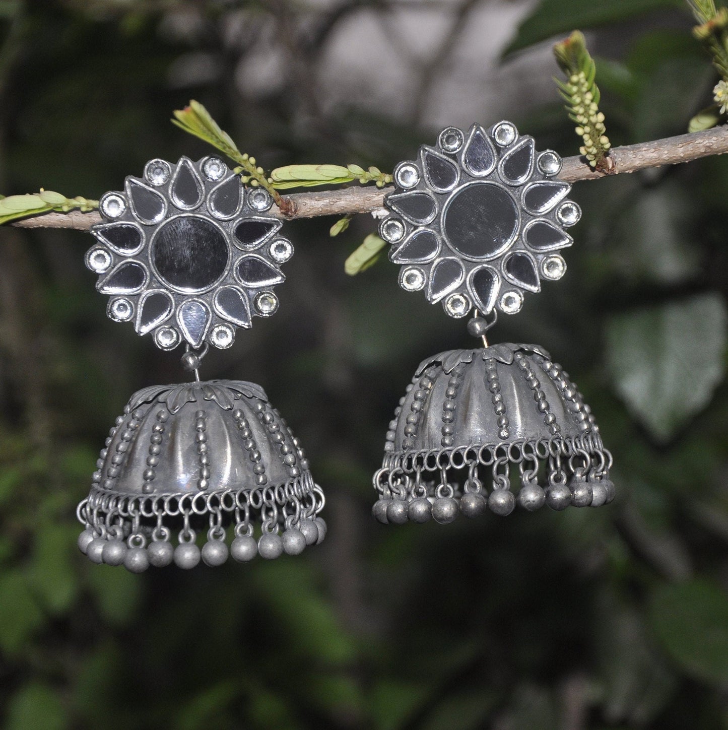 Black Polish Earring With Mirror Stud | Earring For Saree | Oxidized Silver Jewelry for Women's | Mothers Day Gift | Jewellery for Saree