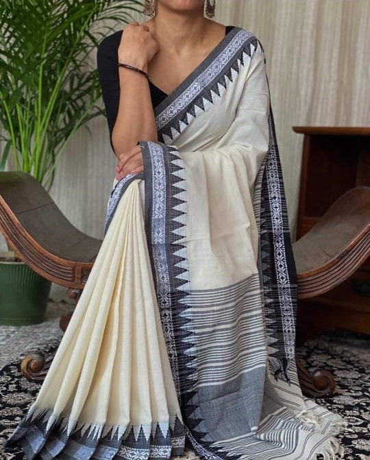 Pure Mercerized Cotton Begumpuri Saree With Blouse Piece Handwoven Soft Dhonekhali Cotton Sarees With Temple Border Durga Puja Gift