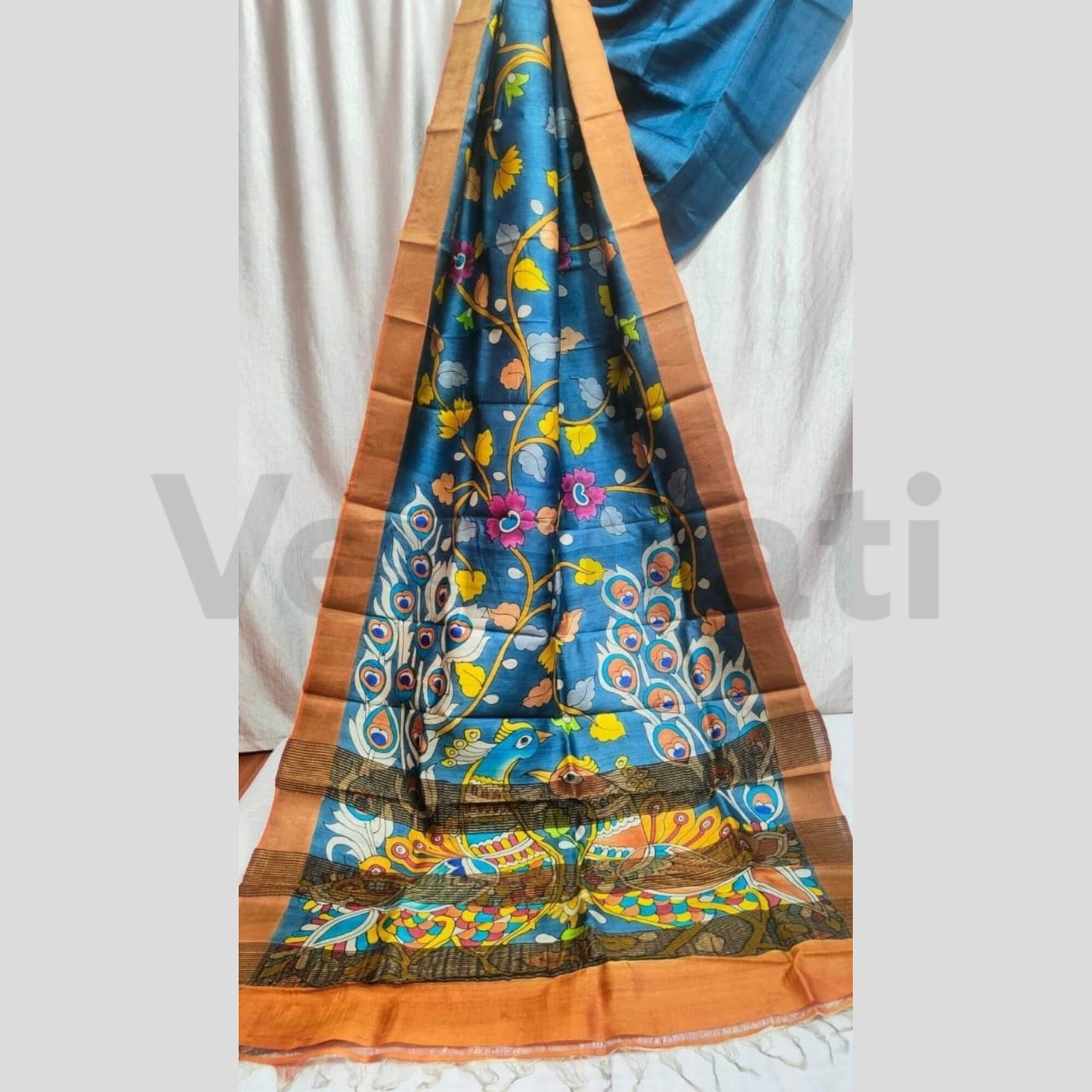 Hand-Painted Jari Tussar Kalamkari Saree, Pure Silk Saree with Silkmark