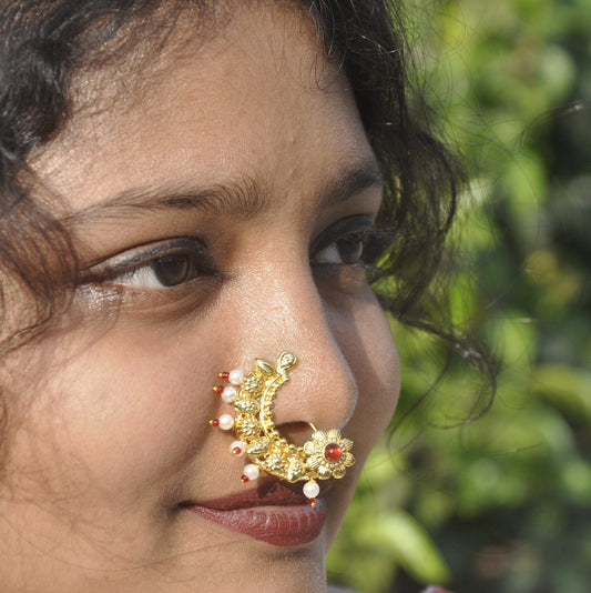 Marathi Nose Pin, Golden False Nose Pin White Stone | Bollywood | Clip on Nose ring | Indian Traditional Bridal Nath | Mothers Day Gift