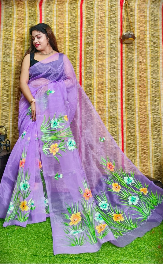 Hand Painted Multicolour Organza Saree, Bollywood Style Party Wear Indian Wedding Saree, Designer Organza Saree, Transparent Saree