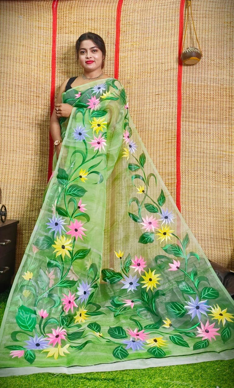 Hand Painted Multicolour Organza Saree, Bollywood Style Party Wear Indian Wedding Saree, Designer Organza Saree, Transparent Saree