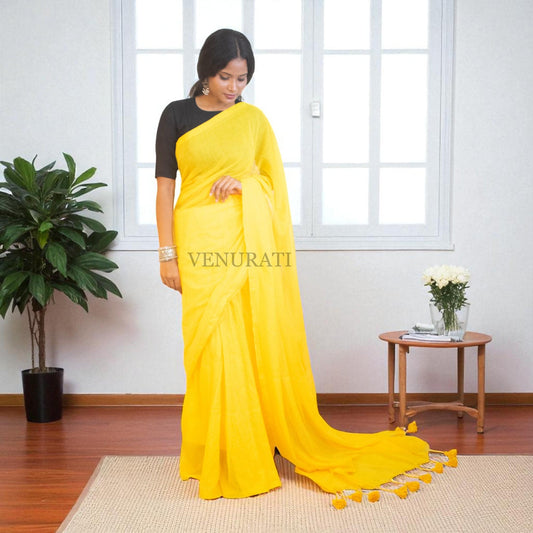 Molmol Cotton Handloom Saree With Beautiful Tassel Simple Cotton Sari Gift for Durga puja Diwali Soft Yellow Cotton Saree for all Purpose