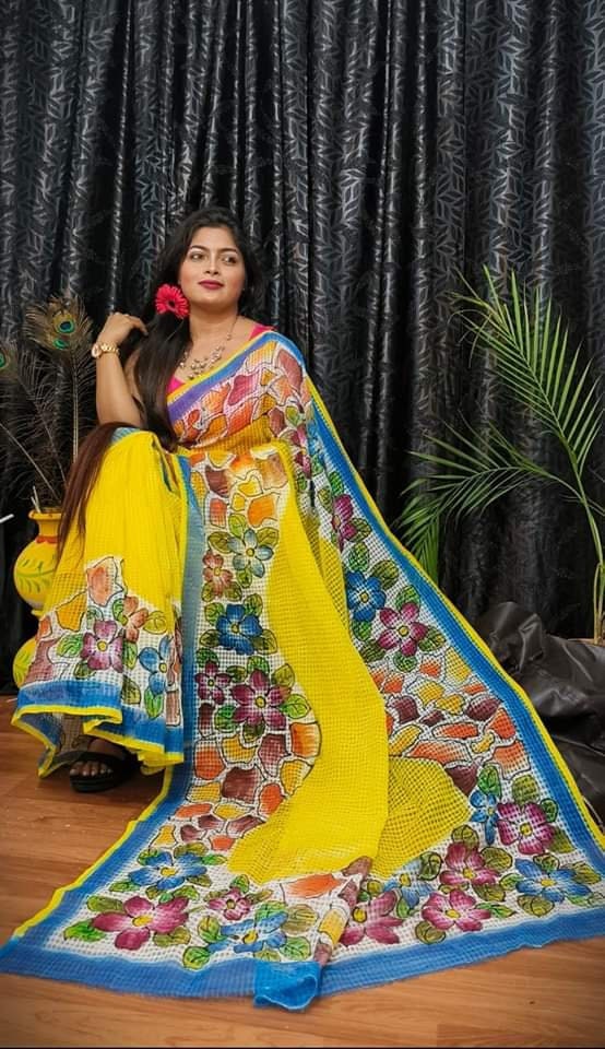 Bengal's Hand Painted Resham Kota Saree for Women's, Full Body Floral Painted Resham Kota Doriya Saree, Designer Bollywood Saree by VENURATI
