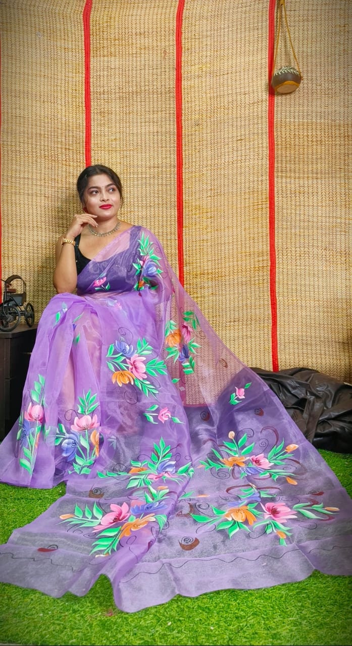 Hand Painted Multicolour Organza Saree, Bollywood Style Party Wear Indian Wedding Saree, Designer Organza Saree, Transparent Saree
