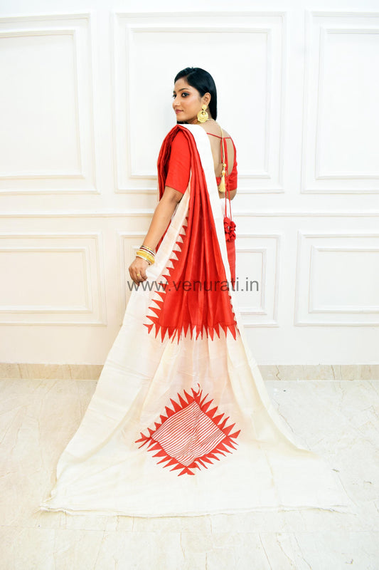 Authentic Silk Saree with Silkmark, Red White Silk Saree, Murshidabad Silk Sari, Block Printed Pure Silk Saree in Red and white Combination
