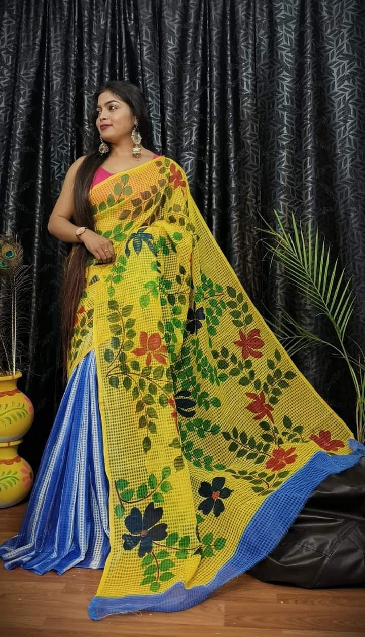 Bengal's Hand Painted Resham Kota Saree for Women's, Full Body Floral Painted Resham Kota Doriya Saree, Designer Bollywood Saree by VENURATI
