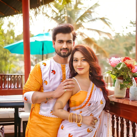 Designer Saree And Punjabi Couple Set With Embroidery work Pure Cotton Mens Kurta Authentic Cotton Saree With Blouse